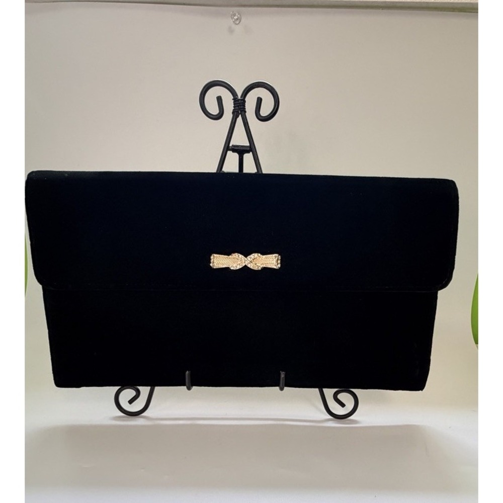Vintage Black Velvet Evening Clutch Gold Bow Rhinestones Fancy Cocktail Party